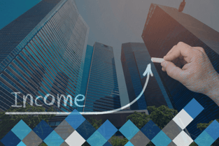 Double exposure of office buildings with a hand writing 