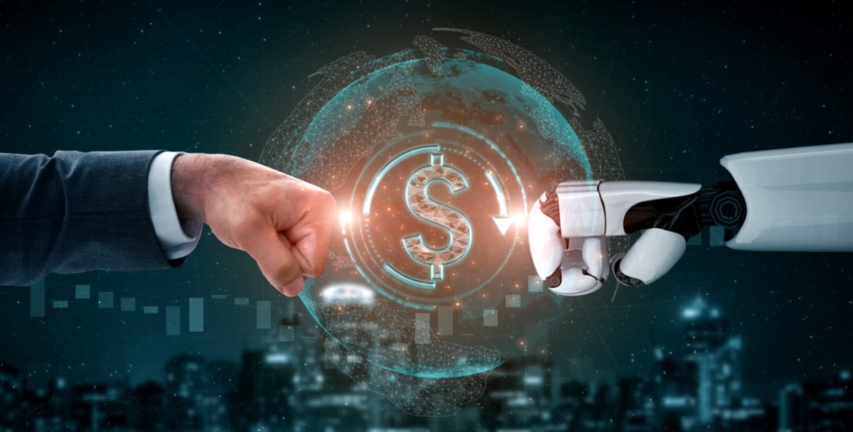 Businessman brings fist together with robot hand with a dollar sign in the middle