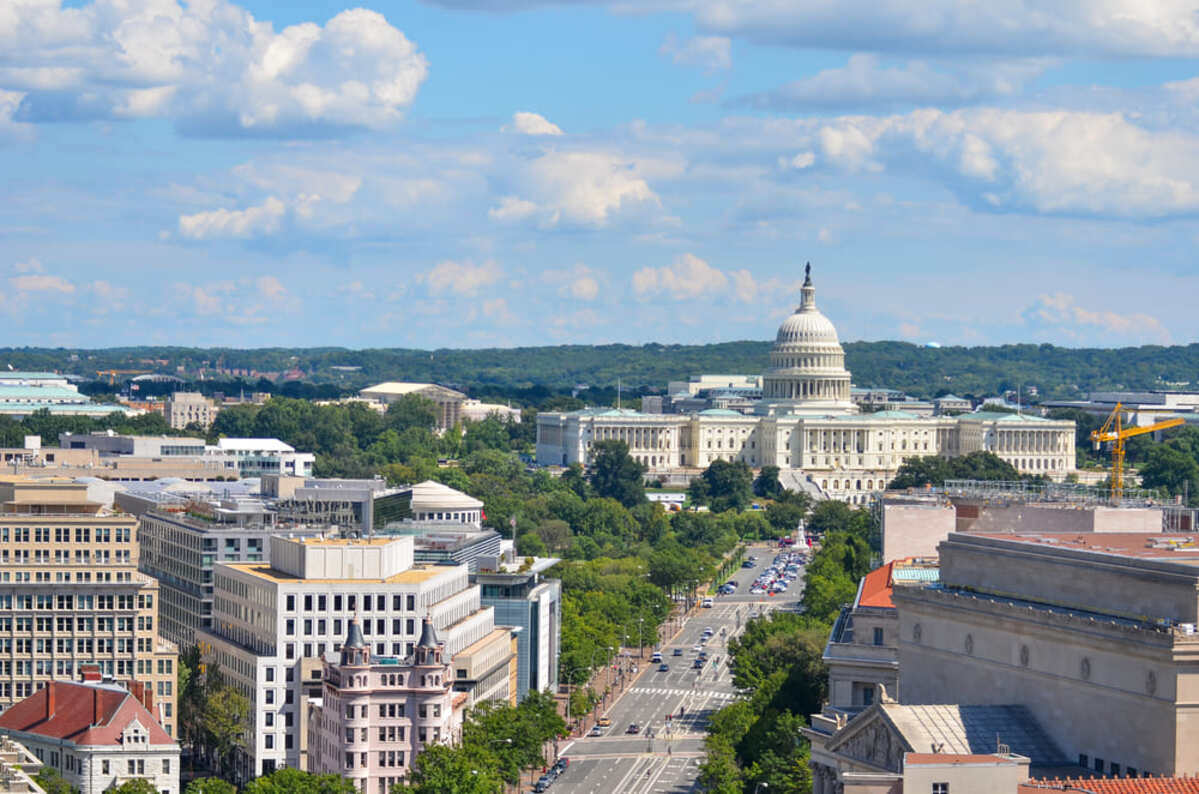 Washington DC - Aerial view of Pennsylvania street with federal buildings including US Archives building