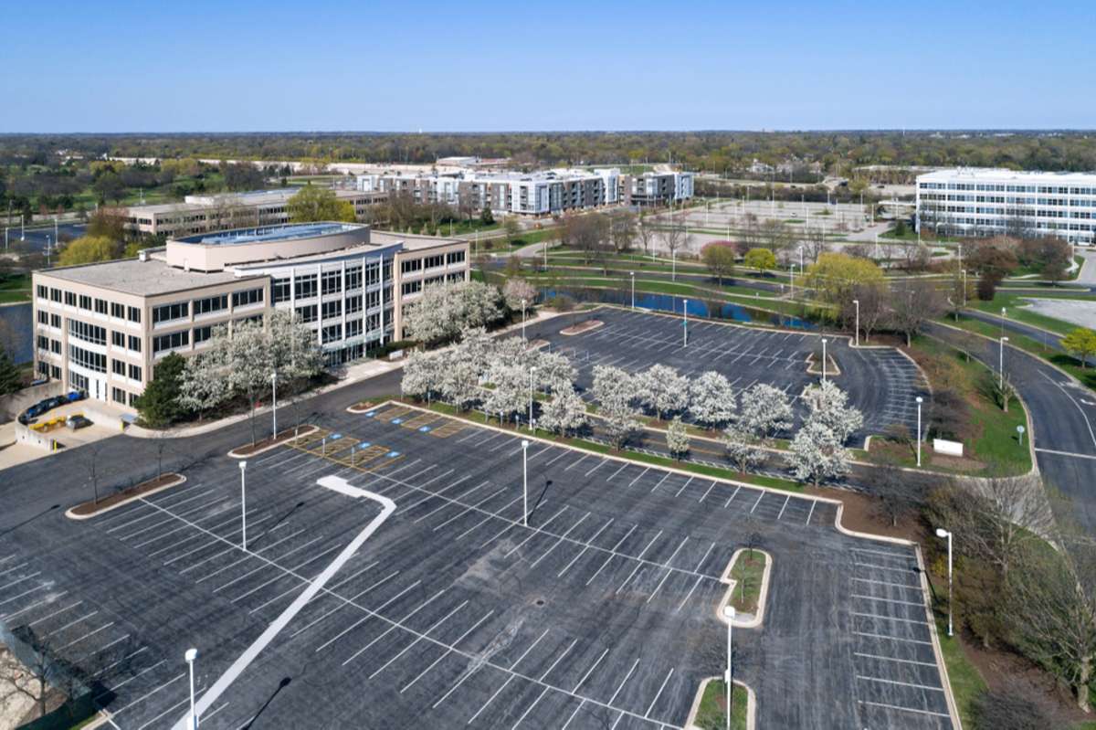 Office park during spring with flowering trees