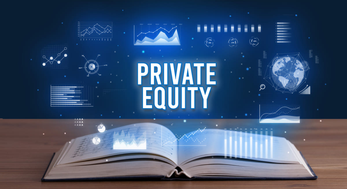 Private Equity inscription coming out from an open book.