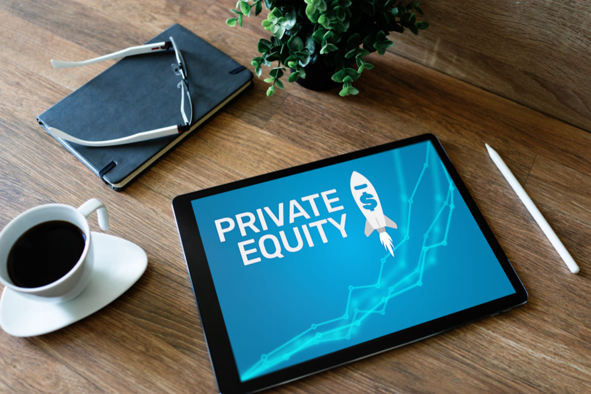 Private equity fund, investment and trading concept on screen.