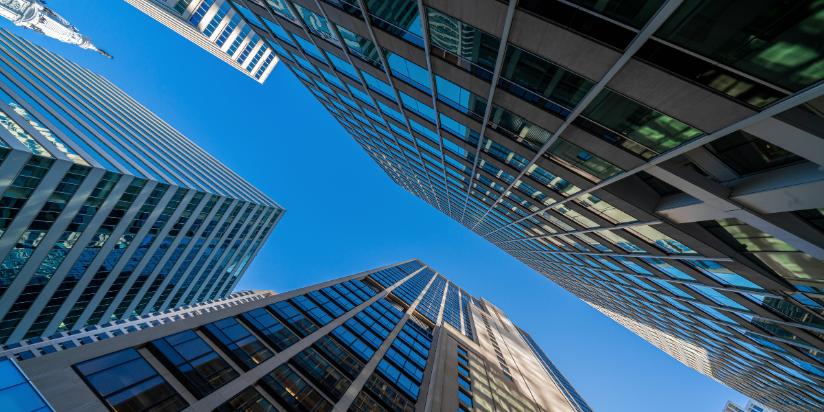 05 Modern office glasses buildings cityscape under blue clear sky in Washington